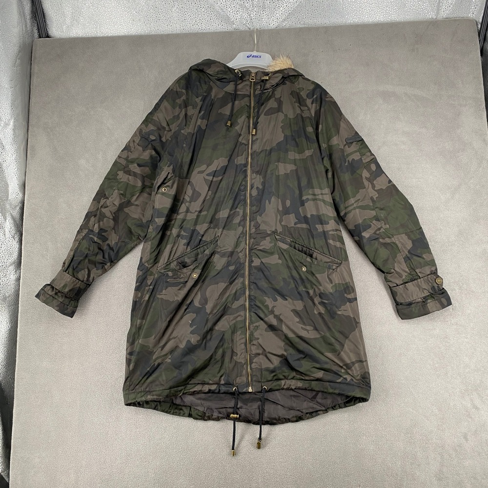 Lucky Brand Womens Camo Print Faux Fur Hooded Parka Jacket Green Large H178‎